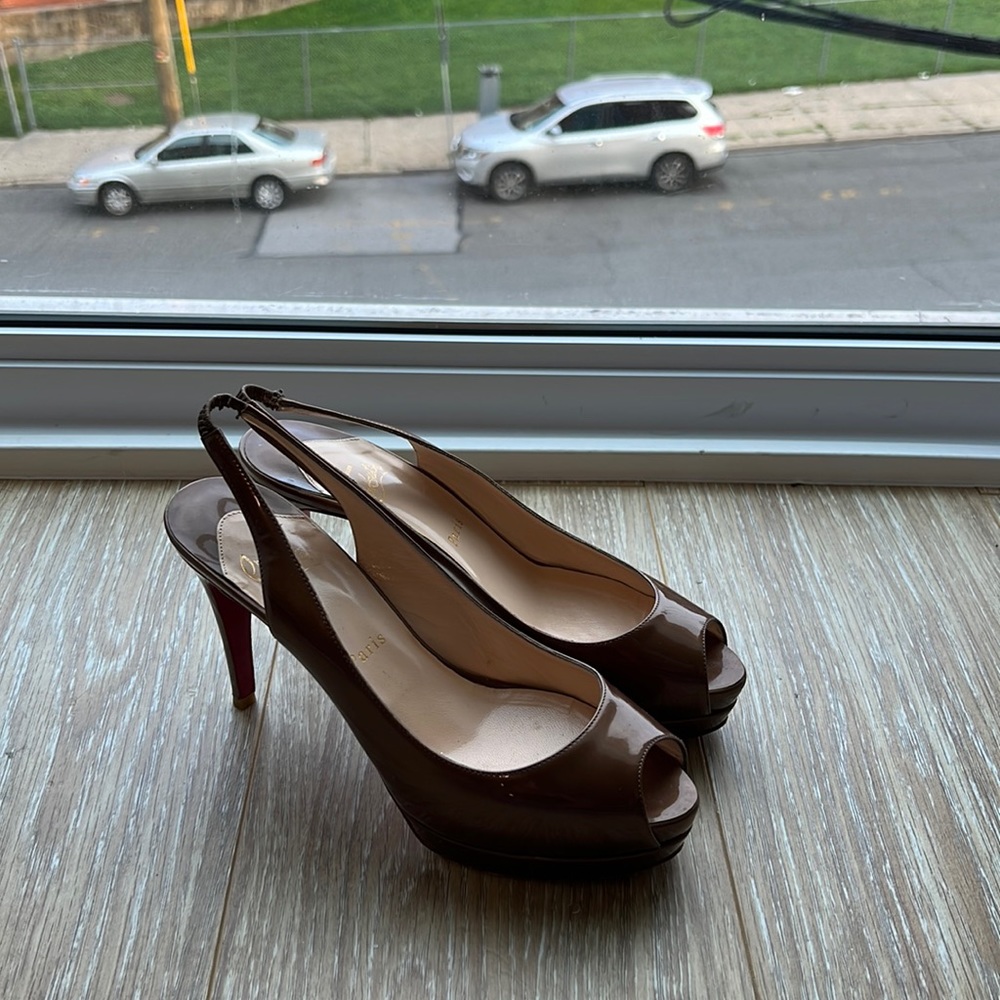 Christian Louboutin Green Patent Leather Lady Peep Slingback Platform Sandals